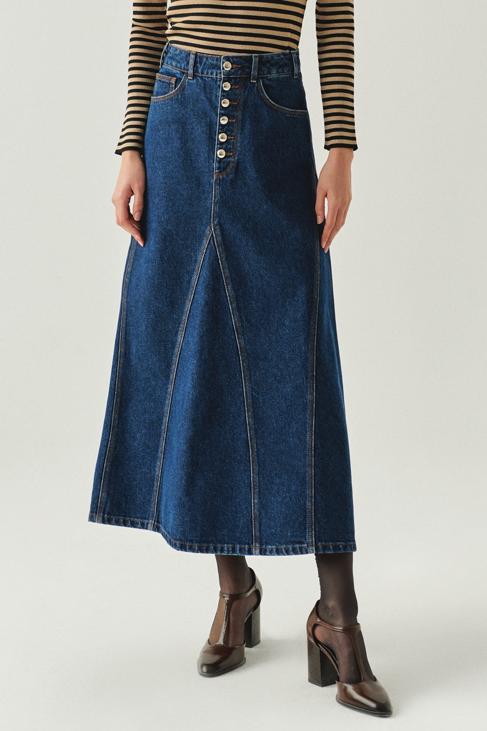 Exquise-Pamuklu Cepli Denim Regular Midi İndigo Etek-ETEK-2-Milagron.com