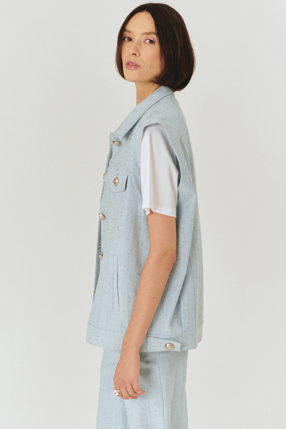 Exquise-Parlak Kumaş Detaylı Mavi Yelek-YELEK-4-Milagron.com