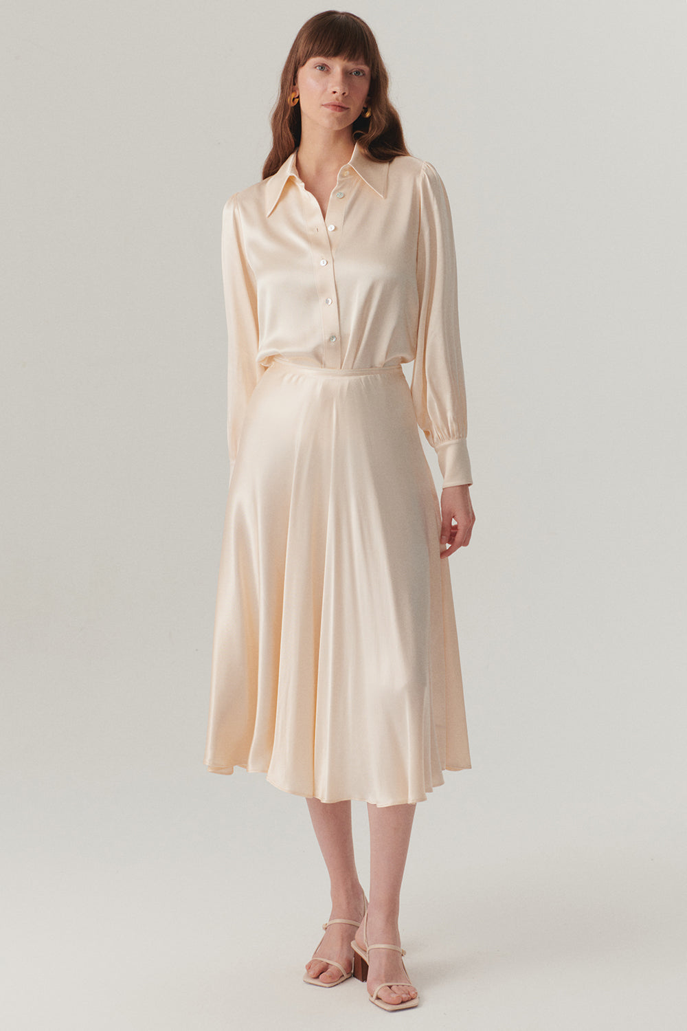 Exquise-Parlak Kumaş Saten Kiloş Midi Boy Etek-Etek-1-Milagron.com