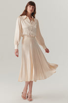 Exquise-Parlak Kumaş Saten Kiloş Midi Boy Etek-Etek-2-Milagron.com