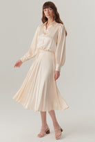 Exquise-Parlak Kumaş Saten Kiloş Midi Boy Etek-Etek-3-Milagron.com