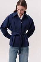 Pileli Ceket Yakalı Kuşaklı Cepli Regular Lacivert Trençkot