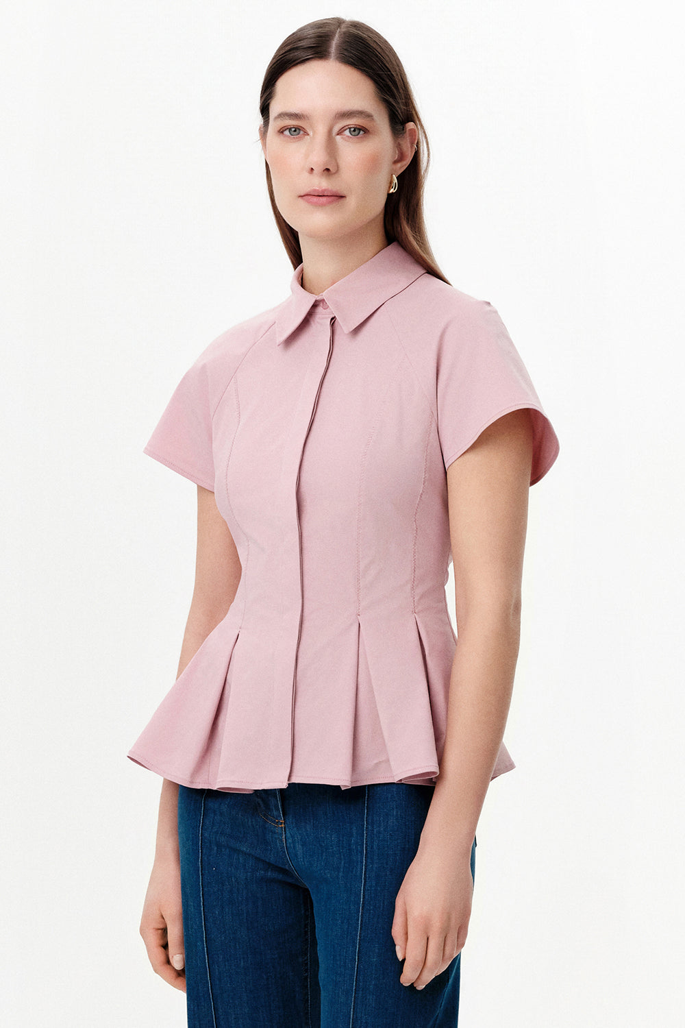Exquise-Düşük Kol Pileli Zikzak Dikişli Slim Fit Pembe Gömlek-Gömlek-1-Milagron.com