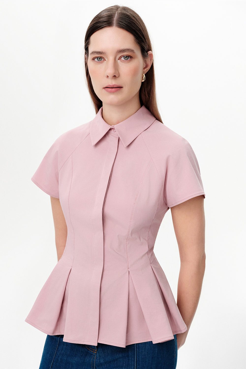 Exquise-Düşük Kol Pileli Zikzak Dikişli Slim Fit Pembe Gömlek-Gömlek-3-Milagron.com