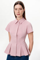 Exquise-Düşük Kol Pileli Zikzak Dikişli Slim Fit Pembe Gömlek-Gömlek-3-Milagron.com