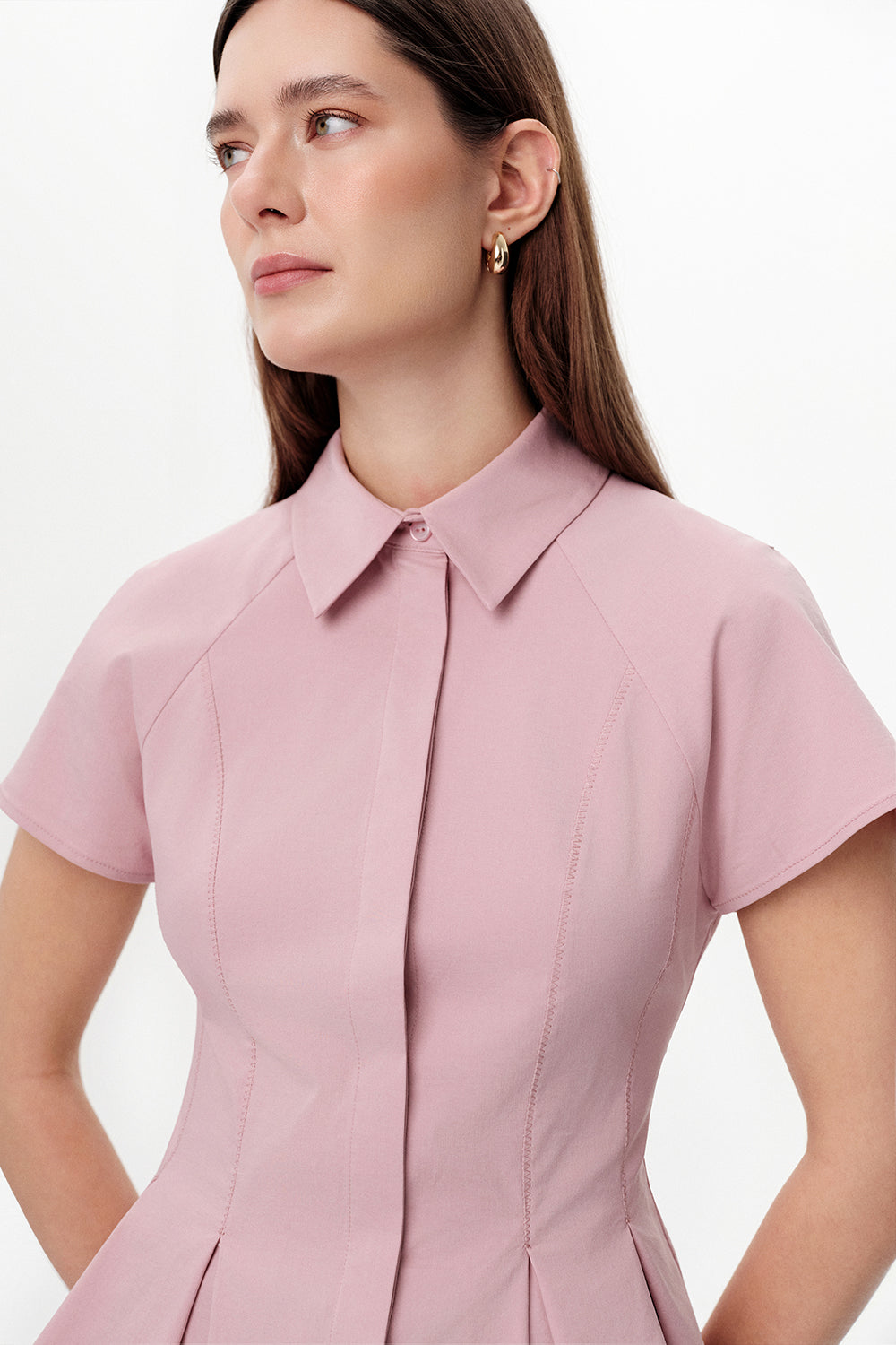Exquise-Düşük Kol Pileli Zikzak Dikişli Slim Fit Pembe Gömlek-Gömlek-4-Milagron.com
