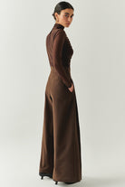 Exquise-Pileli Yüksel Bel Geniş Paçalı Regular Cepli Kahve Pantolon-PANTOLON-4-Milagron.com