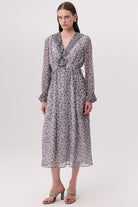 Piliseli Beli Bağcıklı V Yaka Astarlı Regular Midi Çok Renkli Elbise