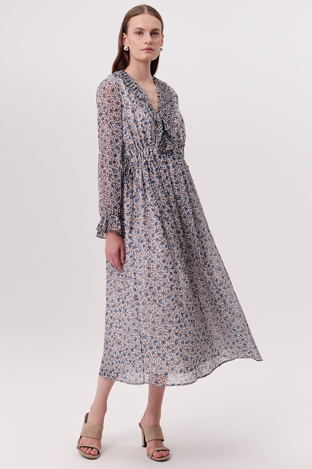 Piliseli Beli Bağcıklı V Yaka Astarlı Regular Midi Çok Renkli Elbise