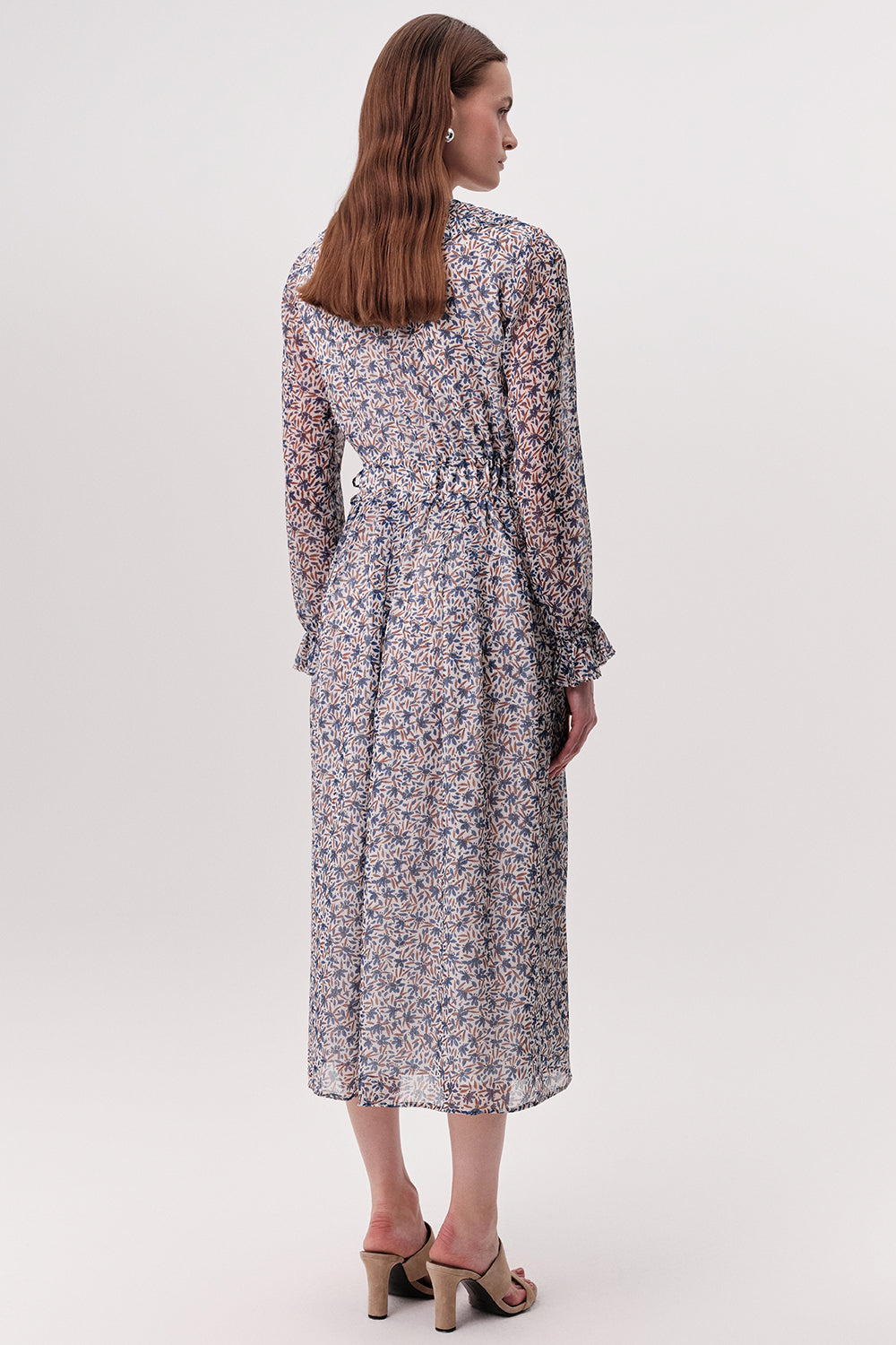 Piliseli Beli Bağcıklı V Yaka Astarlı Regular Midi Çok Renkli Elbise