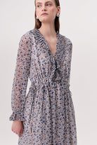 Piliseli Beli Bağcıklı V Yaka Astarlı Regular Midi Çok Renkli Elbise