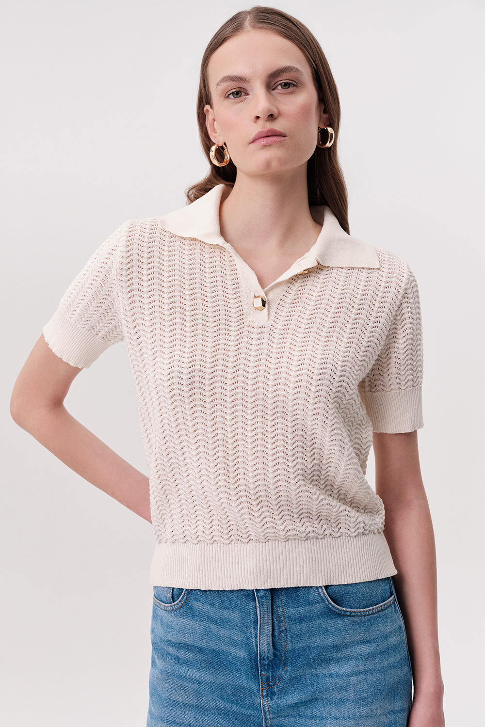 Polo Yaka Düğme Detaylı Kısa Kollu Regular Triko Krem Bluz