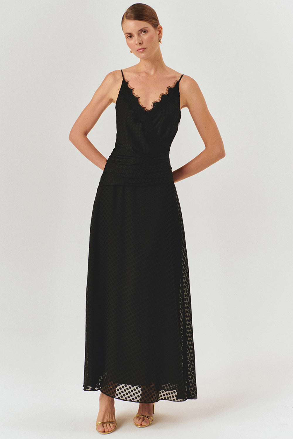 Exquise-Puantiye Detaylı Bele Oturan Askılı Siyah Maxi Elbise-ELBİSE-1-Milagron.com