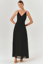 Exquise-Puantiye Detaylı Bele Oturan Askılı Siyah Maxi Elbise-ELBİSE-1-Milagron.com