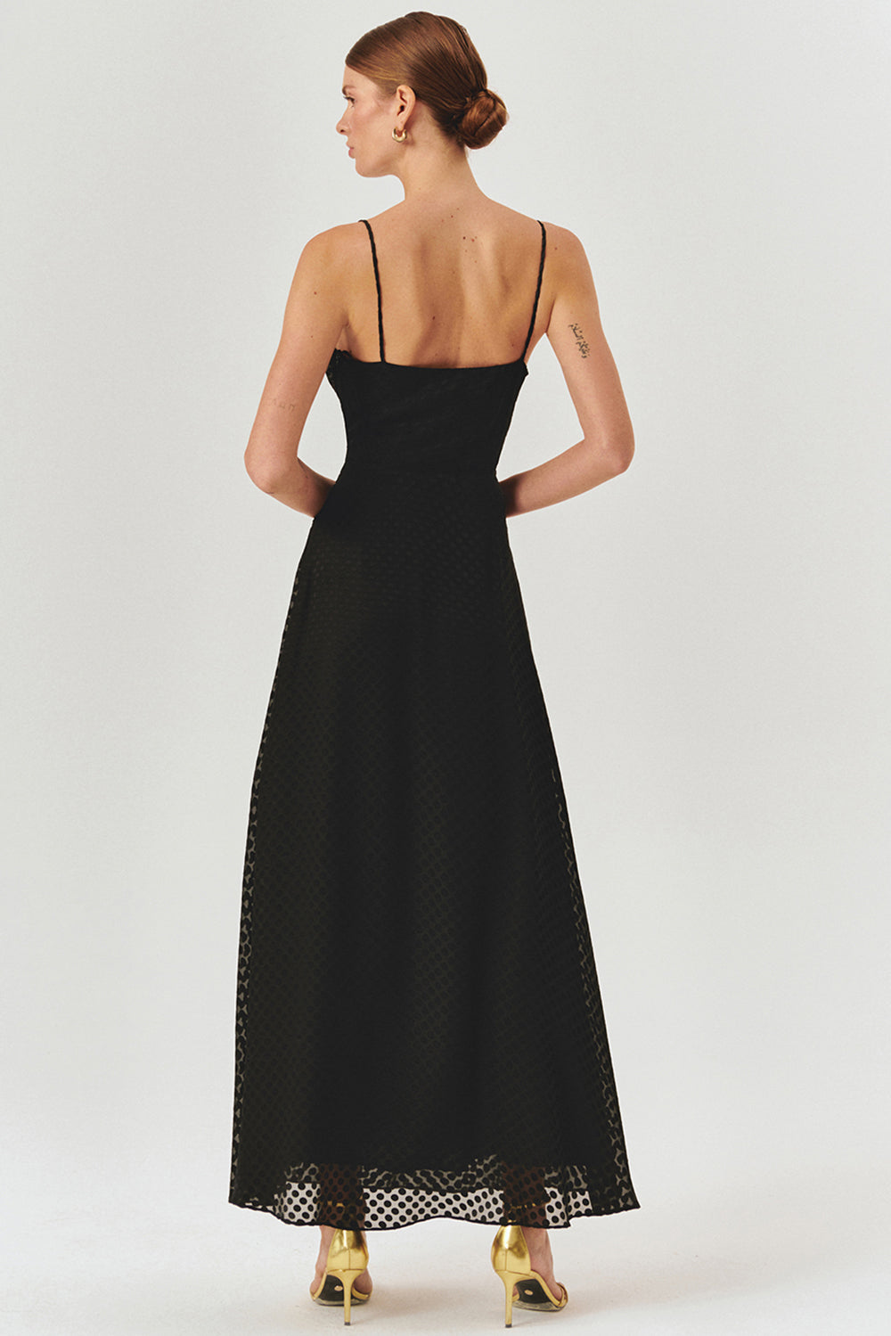 Exquise-Puantiye Detaylı Bele Oturan Askılı Siyah Maxi Elbise-ELBİSE-4-Milagron.com