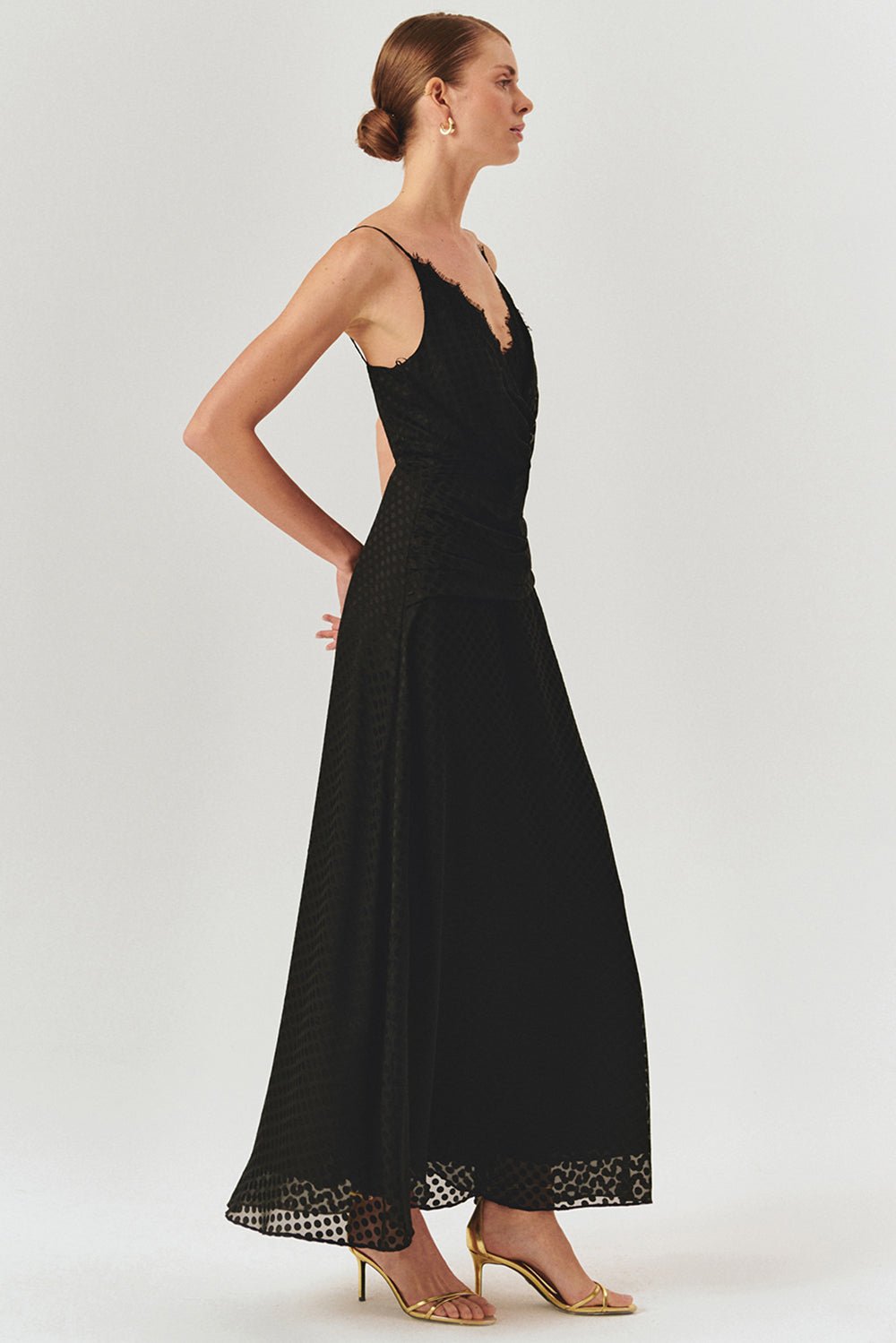 Exquise-Puantiye Detaylı Bele Oturan Askılı Siyah Maxi Elbise-ELBİSE-5-Milagron.com