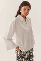 Exquise-Rahat Kesim Geniş Kol Beyaz Pamuklu Beyaz Bluz-Bluz-4-Milagron.com