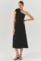 Exquise-Siyah Tek Omuzlu çiçek Detaylı A Kesim Midi Elbise-ELBİSE-1-Milagron.com