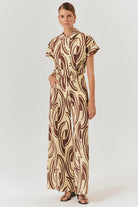 Exquise-Soyut Desenli Pamuklu Kahve Kemik Wide Leg Pantolon-Pantolon-1-Milagron.com