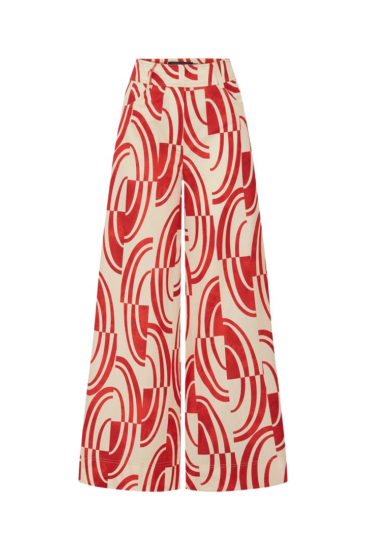 Exquise-Soyut Desenli Pamuklu Kahve Kemik Wide Leg Pantolon-Pantolon-13-Milagron.com