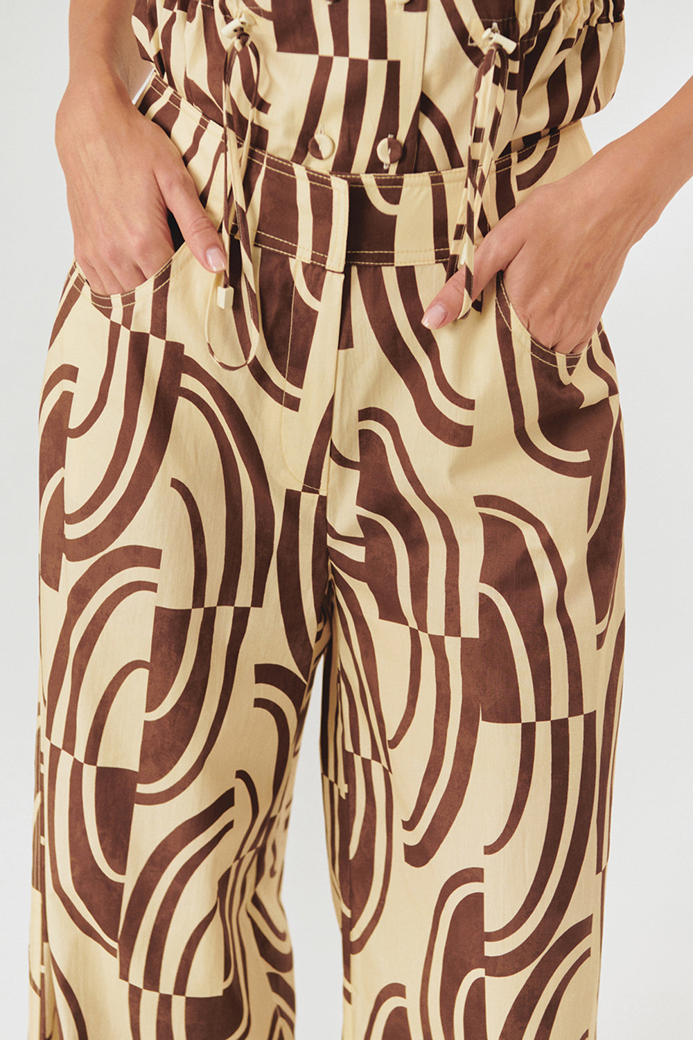 Exquise-Soyut Desenli Pamuklu Kahve Kemik Wide Leg Pantolon-Pantolon-5-Milagron.com