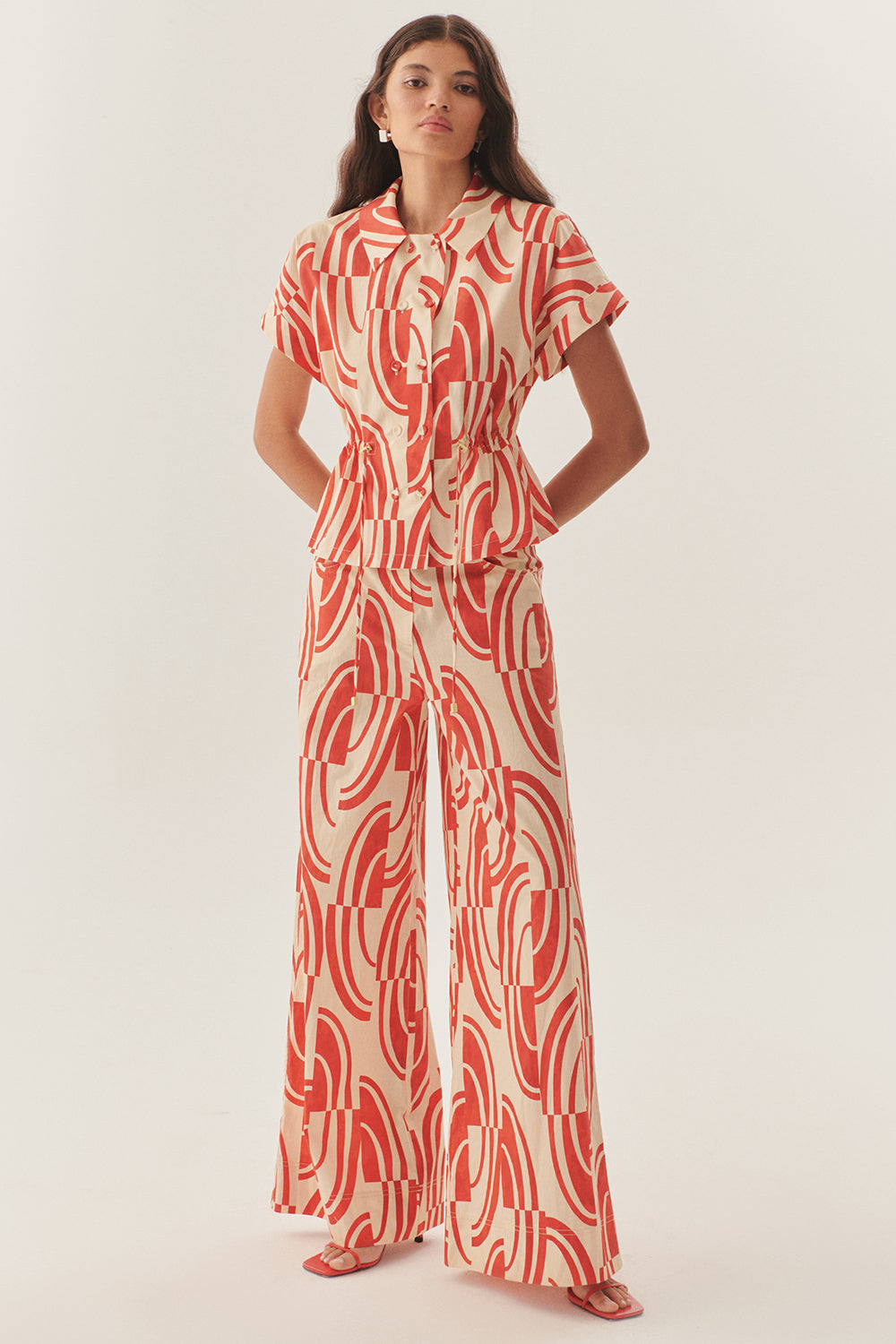 Exquise-Soyut Desenli Pamuklu Kahve Kemik Wide Leg Pantolon-Pantolon-8-Milagron.com