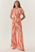 Exquise-Soyut Desenli Pamuklu Kahve Kemik Wide Leg Pantolon-Pantolon-8-Milagron.com