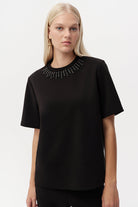 Exquise-Taş Detaylı Bisiklet Yaka Kısa Kollu T Shirt-T-SHIRT-8-Milagron.com