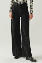 Exquise-Taş Detaylı Cepli Regular Geniş Paça Siyah Denim Pantolon-JEAN-2-Milagron.com