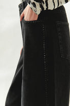 Exquise-Taş Detaylı Cepli Regular Geniş Paça Siyah Denim Pantolon-JEAN-6-Milagron.com