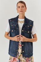 Exquise-Taş Detaylı Pamuk İndigo Denim Yelek-YELEK-1-Milagron.com