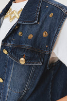 Exquise-Taş Detaylı Pamuk İndigo Denim Yelek-YELEK-3-Milagron.com