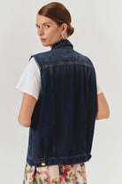 Exquise-Taş Detaylı Pamuk İndigo Denim Yelek-YELEK-5-Milagron.com