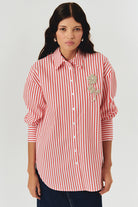 Exquise-Taş İşleme Detaylı Lacivert Beyaz Oversize çizgili Poplin Gömlek-Gömlek-1-Milagron.com