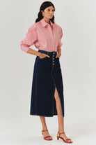 Exquise-Taş İşleme Detaylı Lacivert Beyaz Oversize çizgili Poplin Gömlek-Gömlek-5-Milagron.com