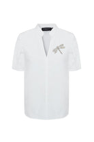 Exquise-Taş İşlemeli Hakim Yaka Pamuklu Rahat Kalıp Beyaz Bluz-Bluz-6-Milagron.com