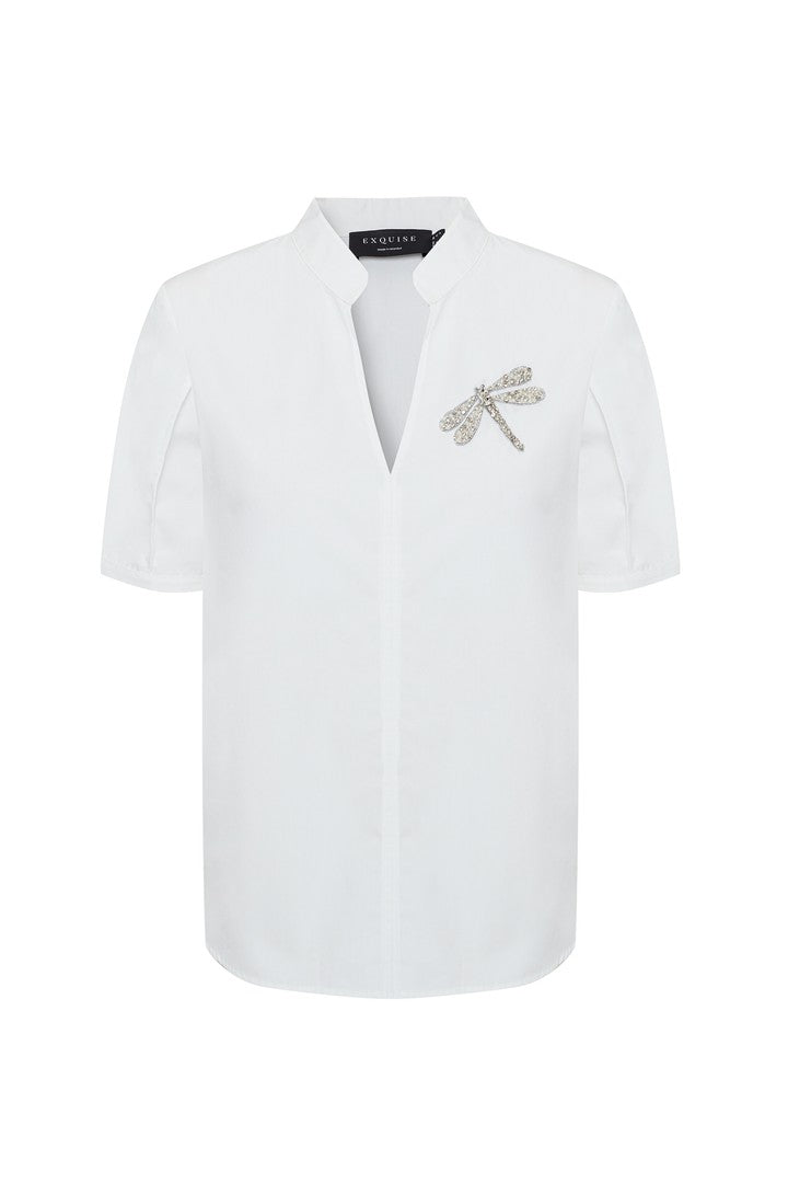Exquise-Taş İşlemeli Hakim Yaka Pamuklu Rahat Kalıp Beyaz Bluz-Bluz-6-Milagron.com