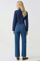 Taşlı Geniş Paça Yüksel Bel Regular Denim İNdigo Pantolon