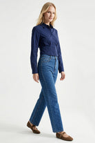Taşlı Geniş Paça Yüksel Bel Regular Denim İNdigo Pantolon