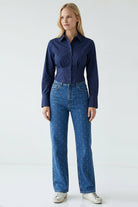 Taşlı Geniş Paça Yüksel Bel Regular Denim İNdigo Pantolon