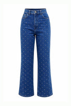 Taşlı Geniş Paça Yüksel Bel Regular Denim İNdigo Pantolon
