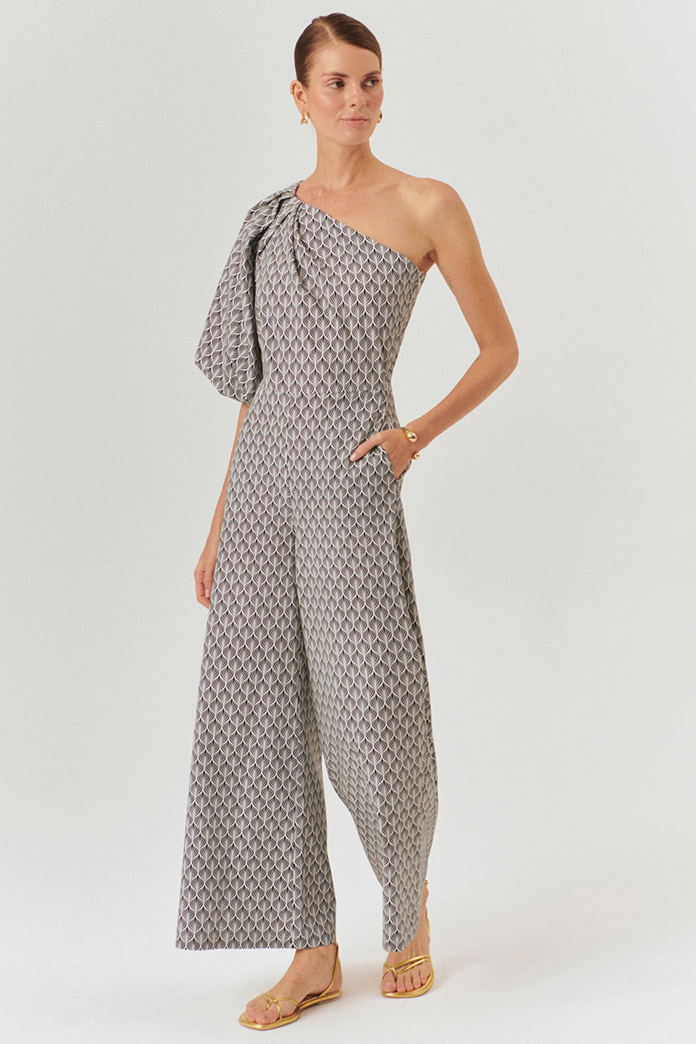 Exquise-Tek Omuz Balon Kol Desenli Pamuklu Regular Tulum-TULUM-2-Milagron.com