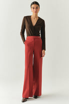 Exquise-Tokalı Cepli Geniş Paça Regular Dokuma Kiremit Pantolon-PANTOLON-1-Milagron.com