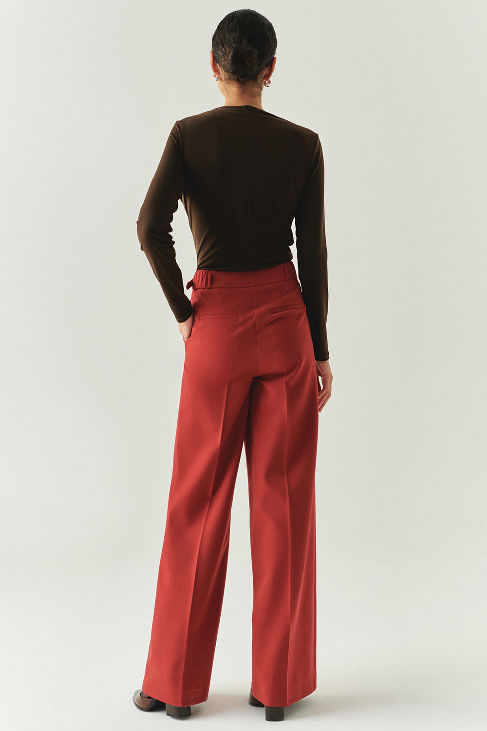 Exquise-Tokalı Cepli Geniş Paça Regular Dokuma Kiremit Pantolon-PANTOLON-3-Milagron.com