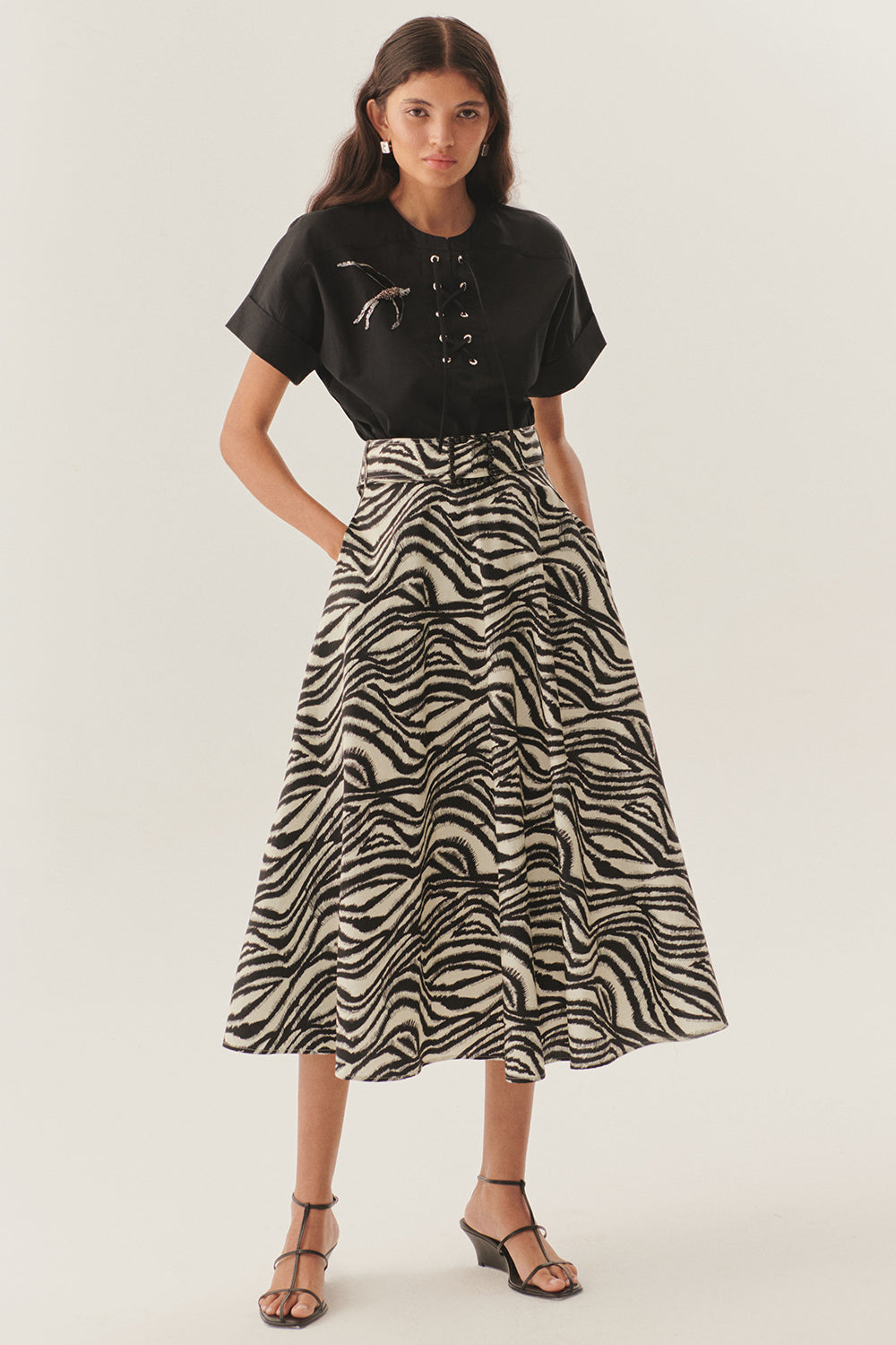 Exquise-Tokalı Kemer Detaylı Zebra Desenli A Kesim Pamuklu Midi Etek-ETEK-1-Milagron.com