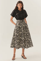Exquise-Tokalı Kemer Detaylı Zebra Desenli A Kesim Pamuklu Midi Etek-ETEK-1-Milagron.com