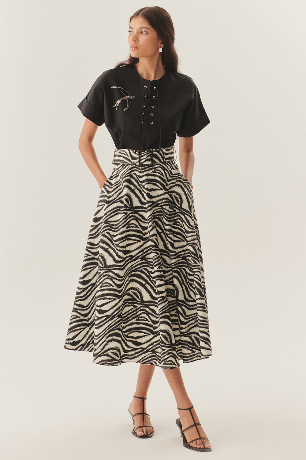 Exquise-Tokalı Kemer Detaylı Zebra Desenli A Kesim Pamuklu Midi Etek-ETEK-3-Milagron.com