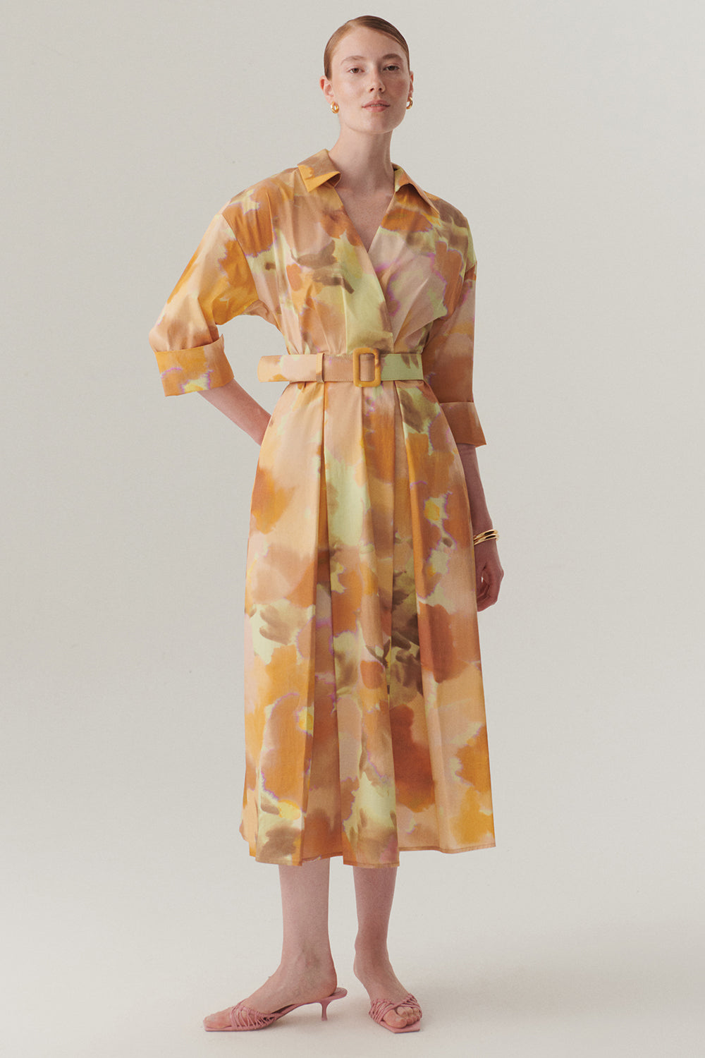 Exquise-Truvakar Kol Kemerli Bele Oturan Midi Boy Soyut Desenli Pamuklu Elbise-Elbise-1-Milagron.com