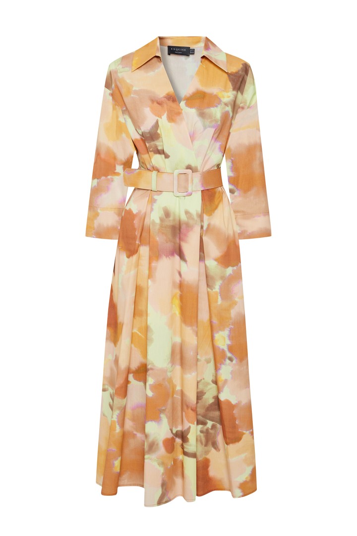 Exquise-Truvakar Kol Kemerli Bele Oturan Midi Boy Soyut Desenli Pamuklu Elbise-Elbise-6-Milagron.com