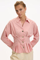 Exquise-Uzun Kollu Bele Oturan Pileli Poplin Gül Kurusu Gömlek-GÖMLEK-1-Milagron.com